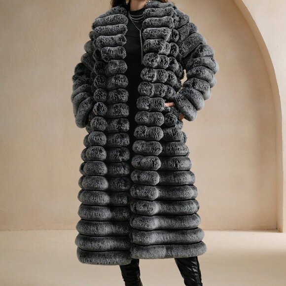 Black And White Fluffy Women's Mid-Length Coat - Picture 7 of 8